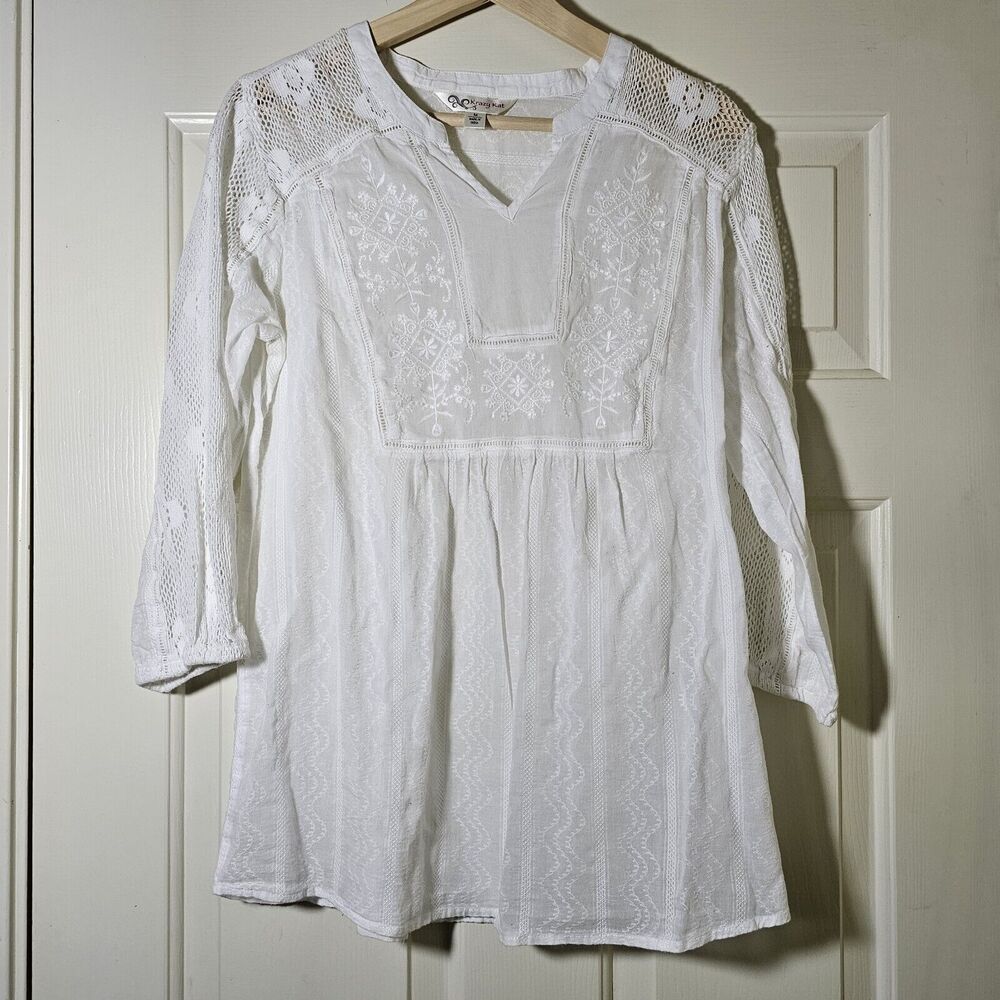 Krazy Kat White Embroidered Cotton Lace Boho 3/4 Sleeve Top Medium